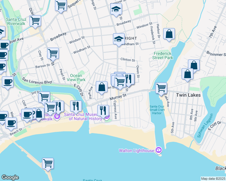 map of restaurants, bars, coffee shops, grocery stores, and more near 519 Seabright Avenue in Santa Cruz