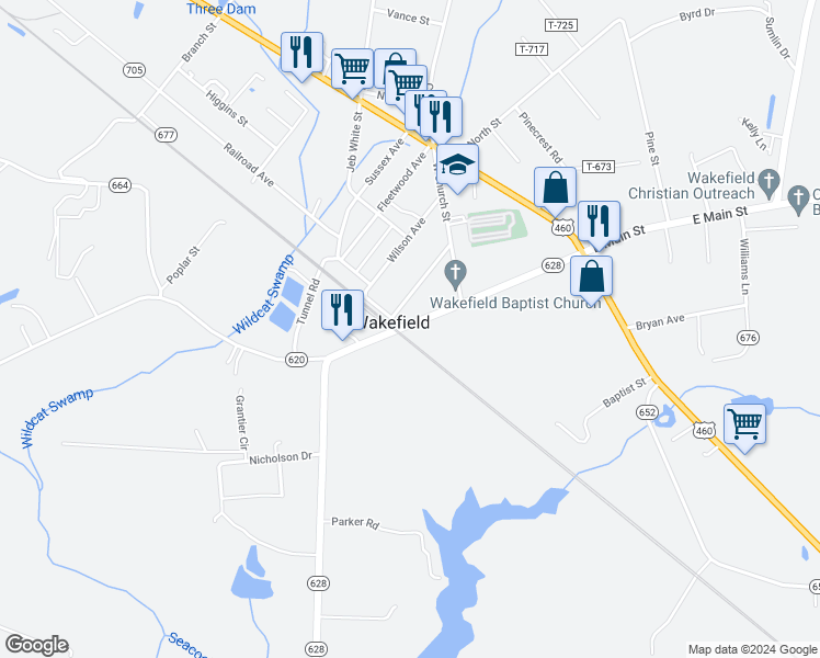 map of restaurants, bars, coffee shops, grocery stores, and more near 231 West Main Street in Wakefield