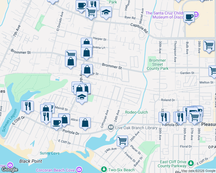 map of restaurants, bars, coffee shops, grocery stores, and more near 925 Paget Avenue in Santa Cruz