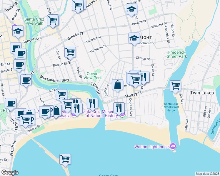 map of restaurants, bars, coffee shops, grocery stores, and more near 114 Seaview Avenue in Santa Cruz