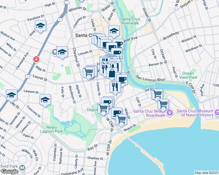 map of restaurants, bars, coffee shops, grocery stores, and more near 114 Sycamore Street in Santa Cruz
