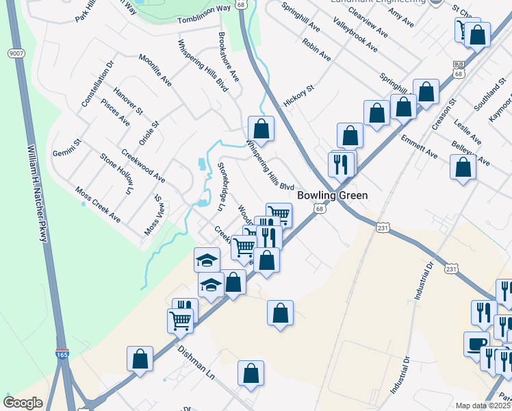 map of restaurants, bars, coffee shops, grocery stores, and more near 108 Hillridge Court in Bowling Green