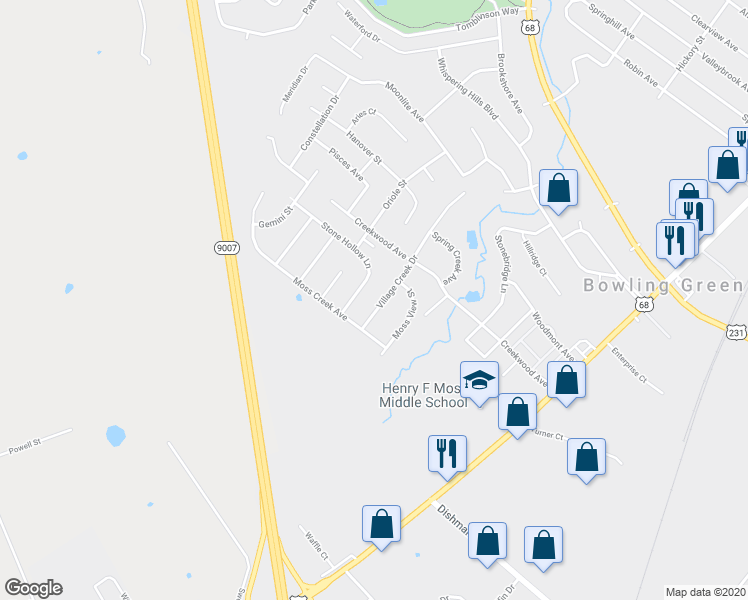 map of restaurants, bars, coffee shops, grocery stores, and more near 730 Village Creek Drive in Bowling Green