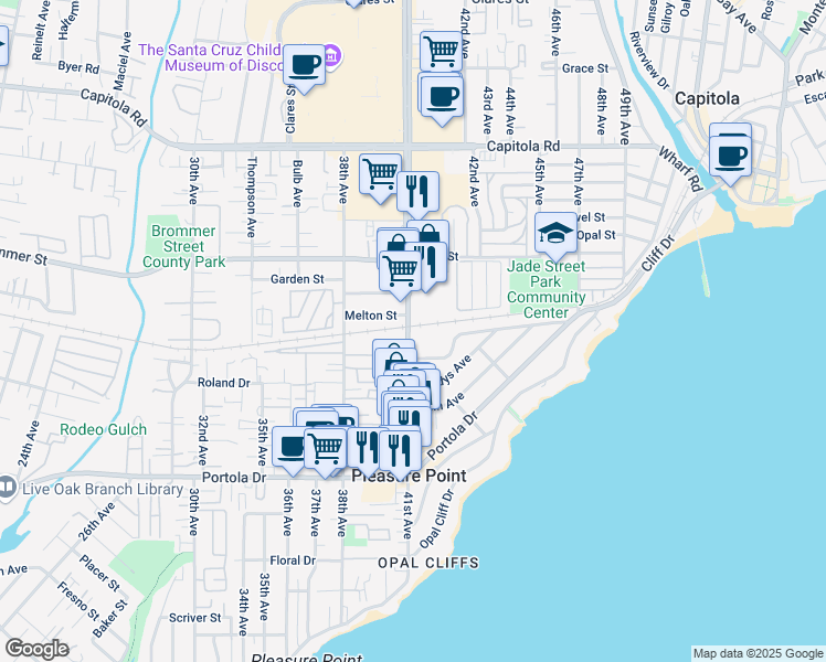 map of restaurants, bars, coffee shops, grocery stores, and more near 1066 41st Avenue in Capitola