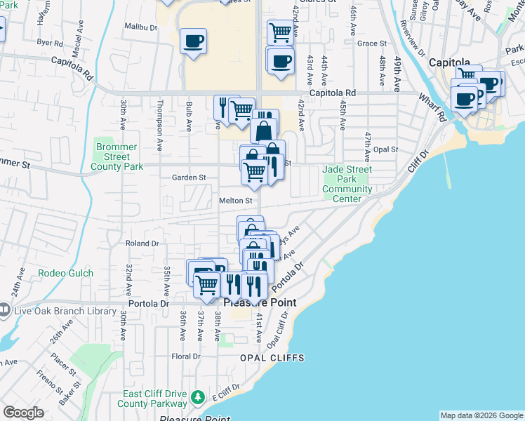 map of restaurants, bars, coffee shops, grocery stores, and more near in Pleasure Point