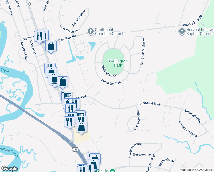map of restaurants, bars, coffee shops, grocery stores, and more near 252 Grandville Arch in Smithfield