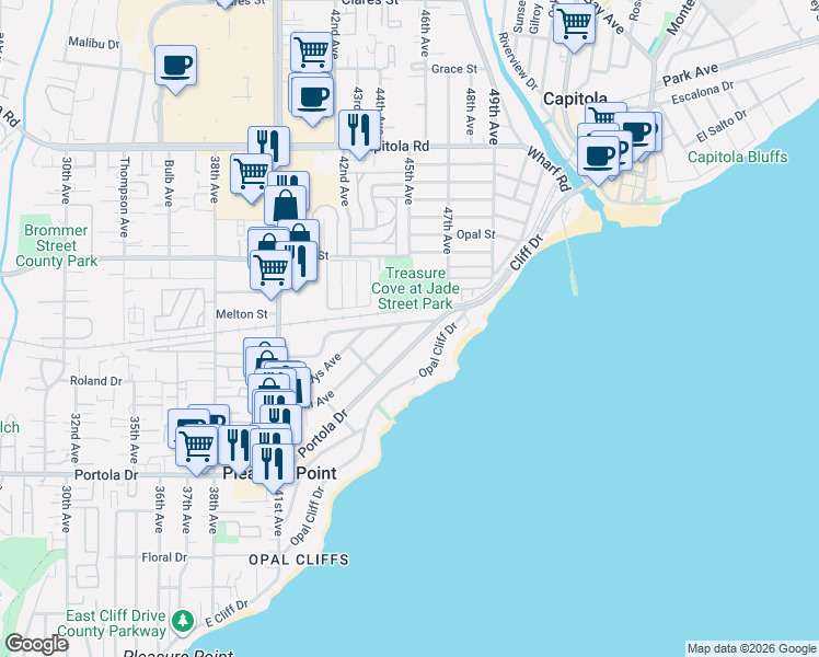 map of restaurants, bars, coffee shops, grocery stores, and more near 4600 Bain Avenue in Santa Cruz