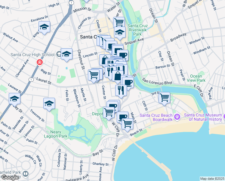 map of restaurants, bars, coffee shops, grocery stores, and more near 39 Cedar Street in Santa Cruz