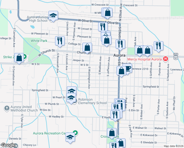 map of restaurants, bars, coffee shops, grocery stores, and more near 39 West Street Louis Street in Aurora