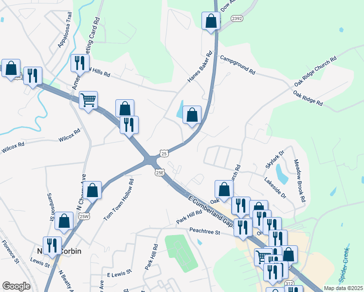 map of restaurants, bars, coffee shops, grocery stores, and more near 101 Cumberland Gap Parkway in Corbin