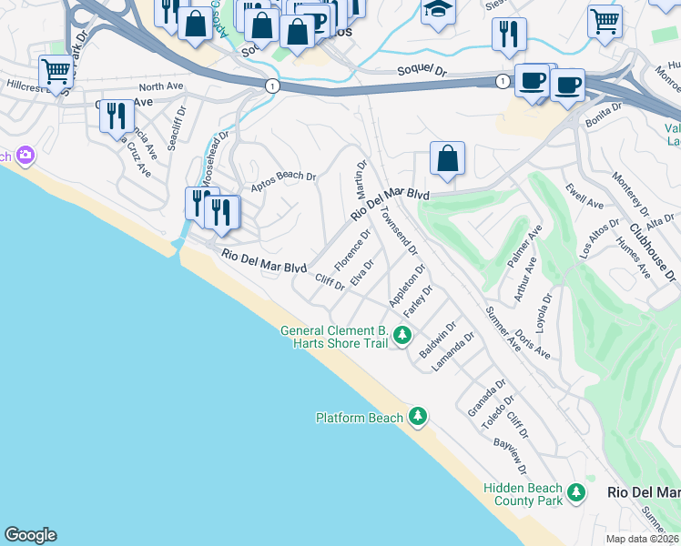 map of restaurants, bars, coffee shops, grocery stores, and more near 319 Cliff Drive in Aptos