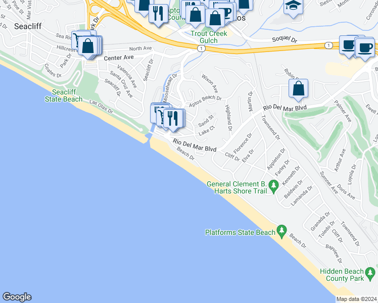map of restaurants, bars, coffee shops, grocery stores, and more near 262 Beach Drive in Aptos