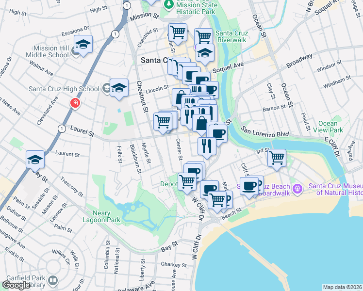 map of restaurants, bars, coffee shops, grocery stores, and more near 39 Cedar Street in Santa Cruz