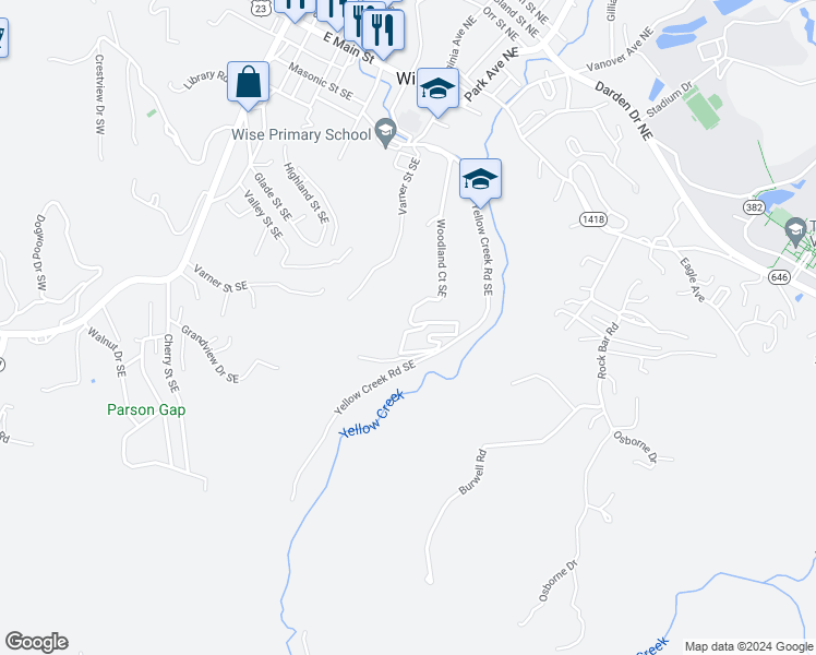 map of restaurants, bars, coffee shops, grocery stores, and more near 374-486 Woodland Court Southeast in Wise