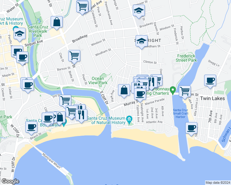 map of restaurants, bars, coffee shops, grocery stores, and more near 132 Seaview Avenue in Santa Cruz