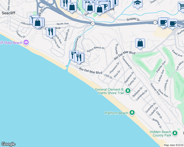 map of restaurants, bars, coffee shops, grocery stores, and more near 266 Cliff Court in Aptos