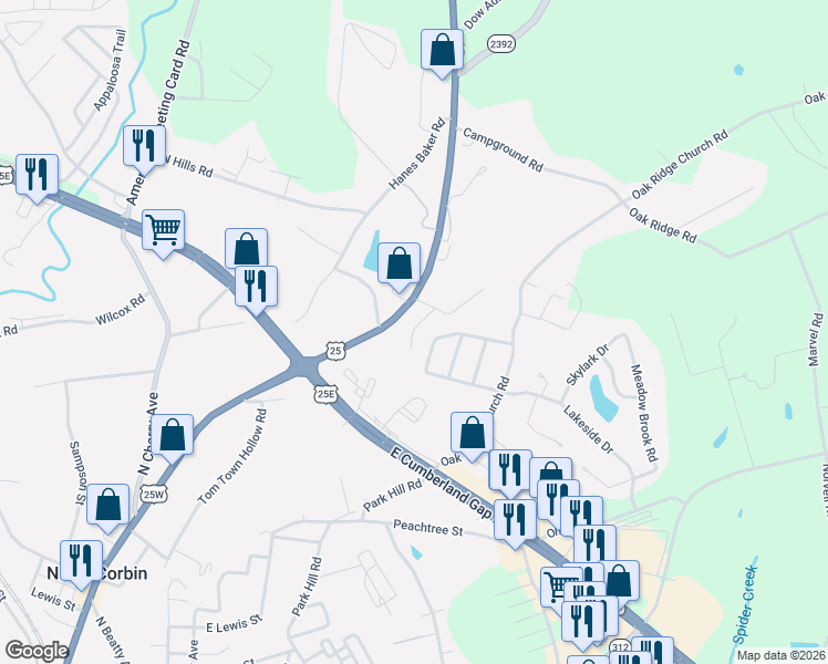 map of restaurants, bars, coffee shops, grocery stores, and more near 108 Steele Lane in Corbin