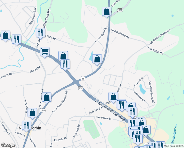 map of restaurants, bars, coffee shops, grocery stores, and more near 14659 U.S. 25 in Corbin