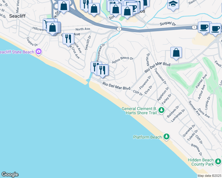 map of restaurants, bars, coffee shops, grocery stores, and more near 230 Rio Del Mar Boulevard in Aptos