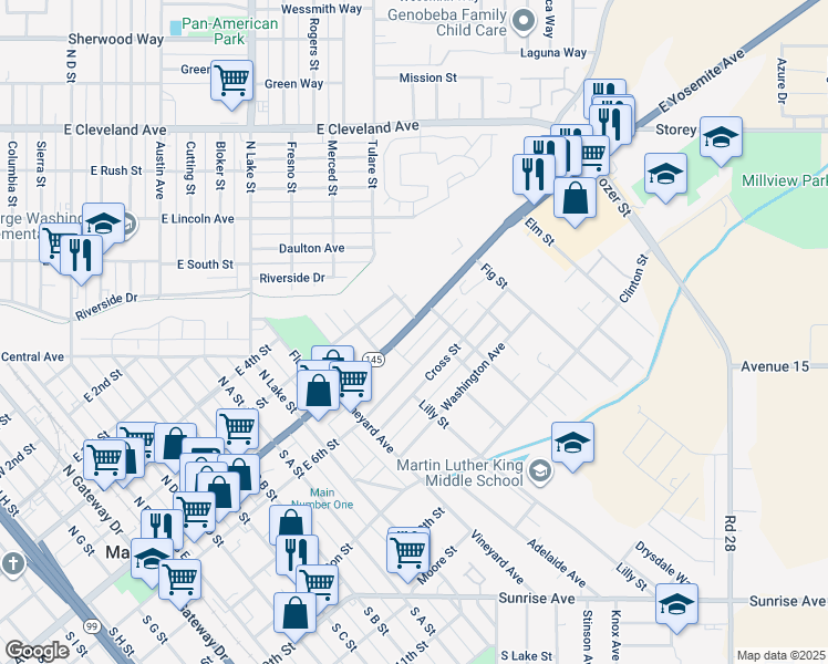 map of restaurants, bars, coffee shops, grocery stores, and more near 932 East Yosemite Avenue in Madera