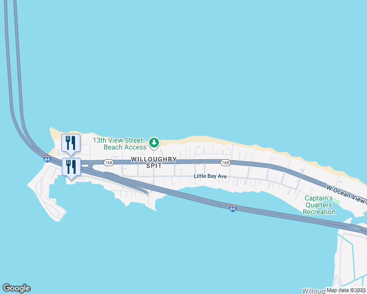 map of restaurants, bars, coffee shops, grocery stores, and more near 1224 West Ocean View Avenue in Norfolk