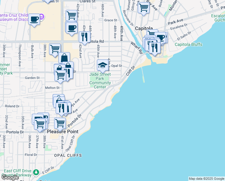 map of restaurants, bars, coffee shops, grocery stores, and more near 4800 Opal Cliff Drive in Capitola