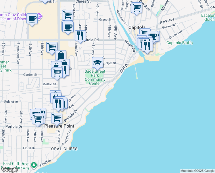 map of restaurants, bars, coffee shops, grocery stores, and more near 4800 Opal Cliff Drive in Capitola