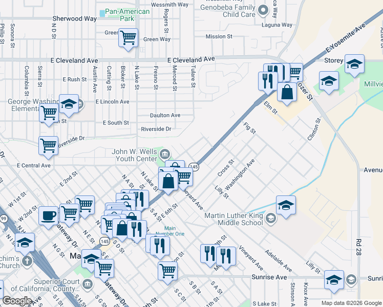 map of restaurants, bars, coffee shops, grocery stores, and more near 907 California 145 in Madera