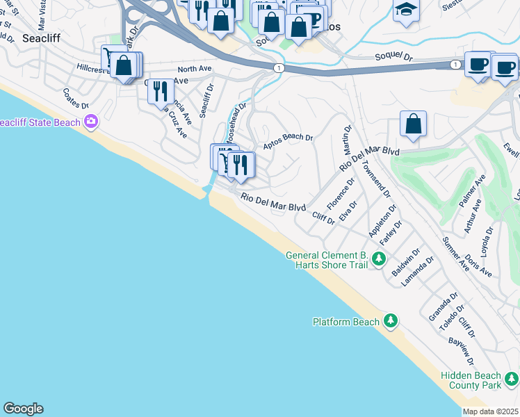 map of restaurants, bars, coffee shops, grocery stores, and more near 262 Beach Drive in Aptos