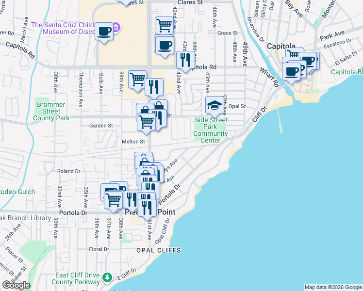 map of restaurants, bars, coffee shops, grocery stores, and more near 4400 Gladys Avenue in Santa Cruz