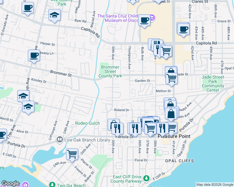 map of restaurants, bars, coffee shops, grocery stores, and more near 3027 Buckingham Lane in Santa Cruz