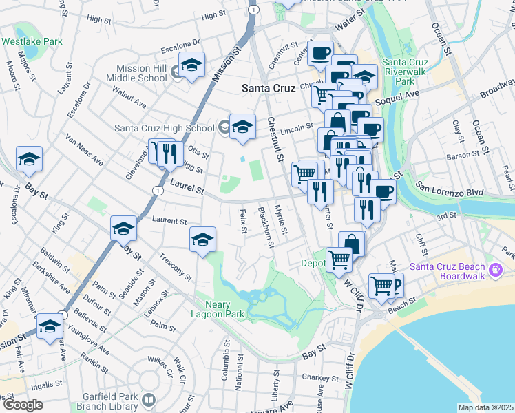 map of restaurants, bars, coffee shops, grocery stores, and more near 216 Blackburn Street in Santa Cruz