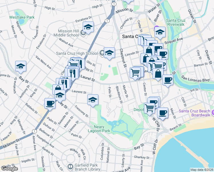 map of restaurants, bars, coffee shops, grocery stores, and more near 227 Felix Street in Santa Cruz