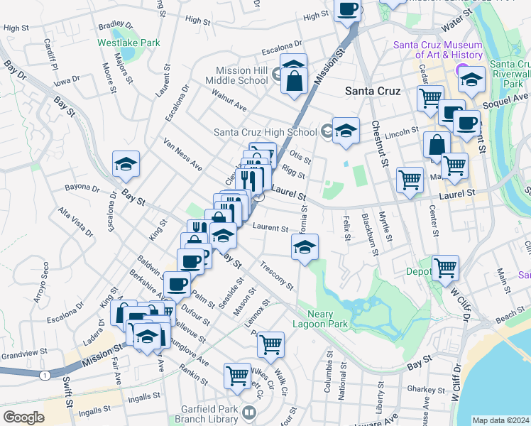 map of restaurants, bars, coffee shops, grocery stores, and more near 146 Laurent Street in Santa Cruz