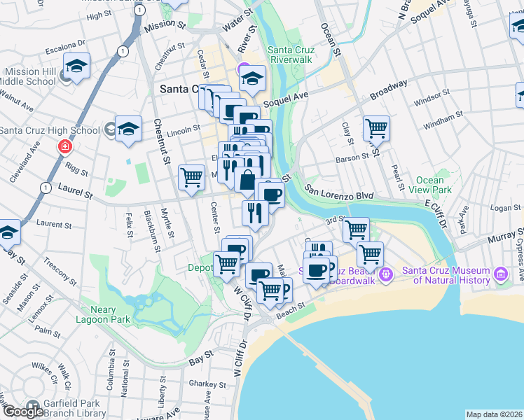 map of restaurants, bars, coffee shops, grocery stores, and more near 125 Front Street in Santa Cruz