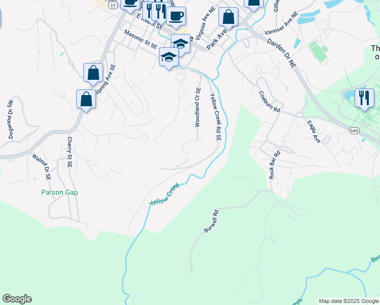 map of restaurants, bars, coffee shops, grocery stores, and more near 374 Woodland Court Southeast in Wise
