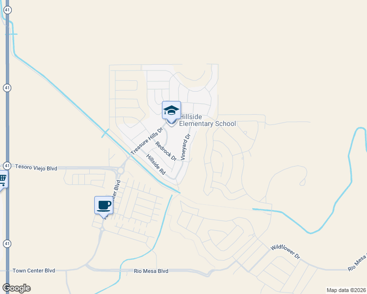 map of restaurants, bars, coffee shops, grocery stores, and more near Vineyard Drive in Madera