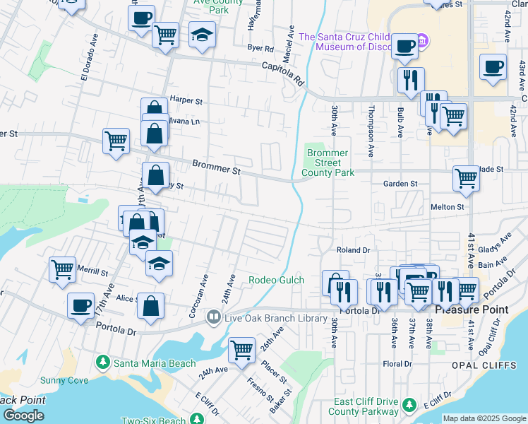 map of restaurants, bars, coffee shops, grocery stores, and more near 1102 Darlene Drive in Santa Cruz