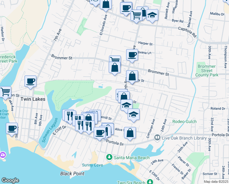 map of restaurants, bars, coffee shops, grocery stores, and more near 885 17th Avenue in Santa Cruz