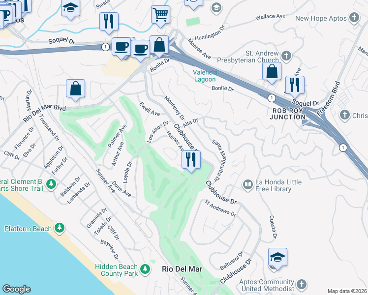 map of restaurants, bars, coffee shops, grocery stores, and more near 531 Humes Avenue in Aptos