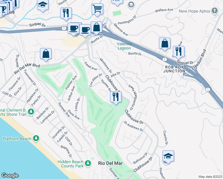 map of restaurants, bars, coffee shops, grocery stores, and more near 531 Humes Avenue in Aptos