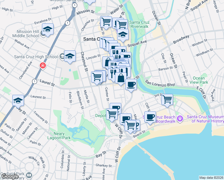 map of restaurants, bars, coffee shops, grocery stores, and more near 309 Laurel Street in Santa Cruz