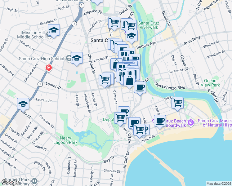 map of restaurants, bars, coffee shops, grocery stores, and more near 309 Laurel Street in Santa Cruz