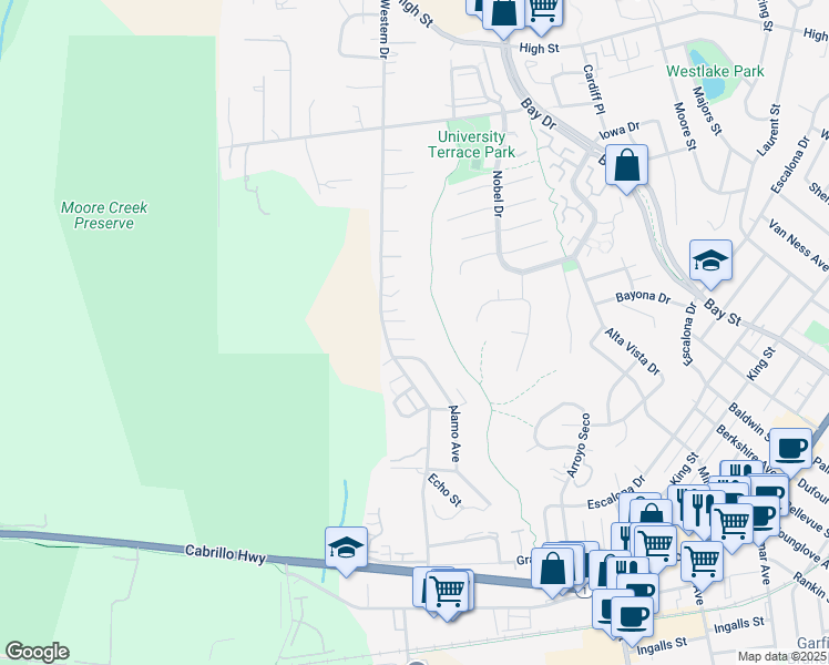 map of restaurants, bars, coffee shops, grocery stores, and more near 110 Western Court in Santa Cruz