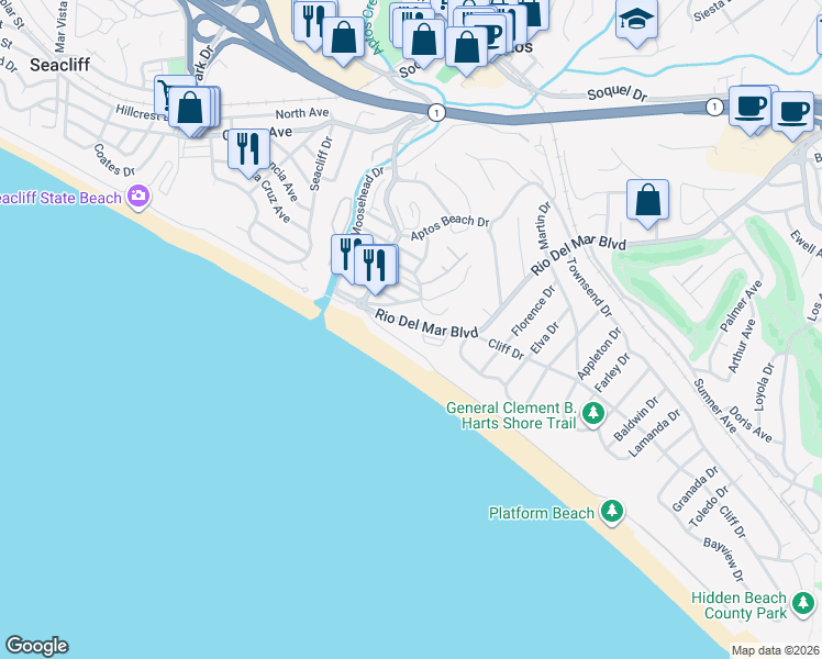 map of restaurants, bars, coffee shops, grocery stores, and more near 240 Rio Del Mar Boulevard in Aptos