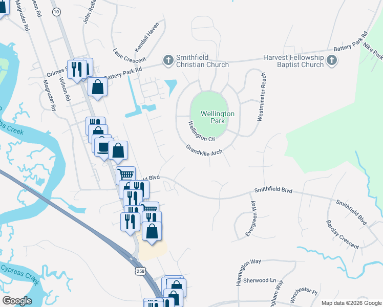 map of restaurants, bars, coffee shops, grocery stores, and more near 233 Grandville Arch in Smithfield