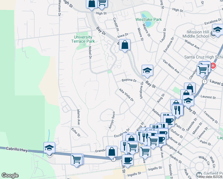 map of restaurants, bars, coffee shops, grocery stores, and more near 415 Alta Vista Drive in Santa Cruz