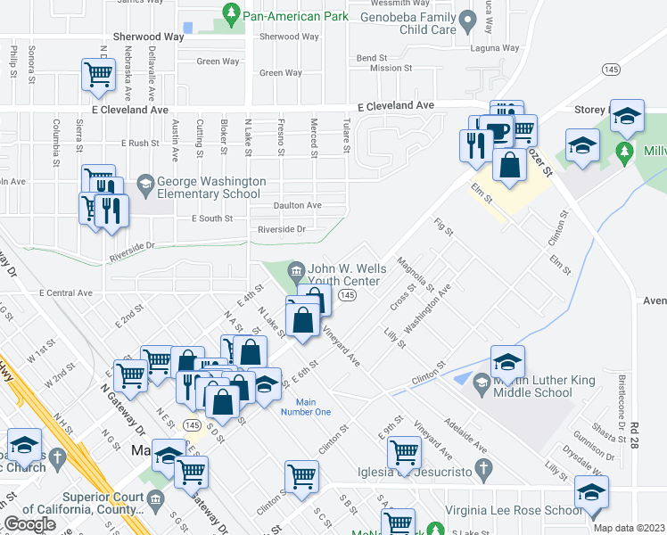 map of restaurants, bars, coffee shops, grocery stores, and more near 901 East 5th Street in Madera