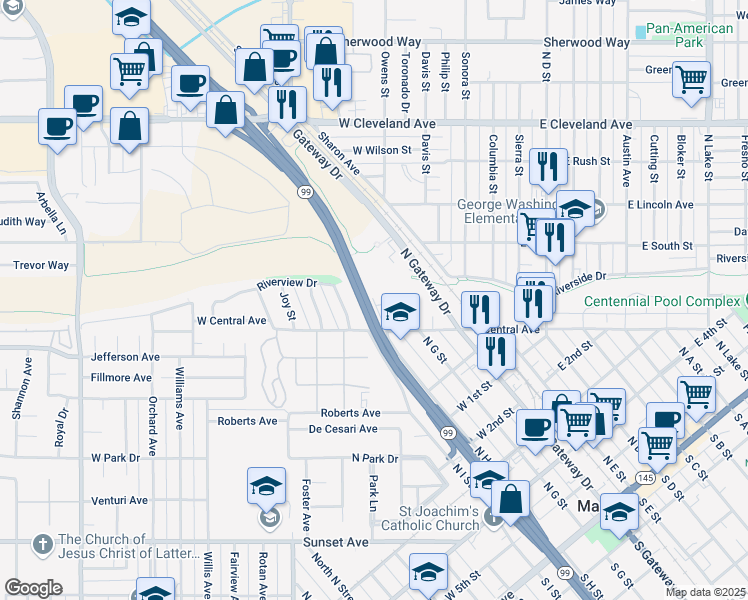 map of restaurants, bars, coffee shops, grocery stores, and more near 822 Terrace Place in Madera
