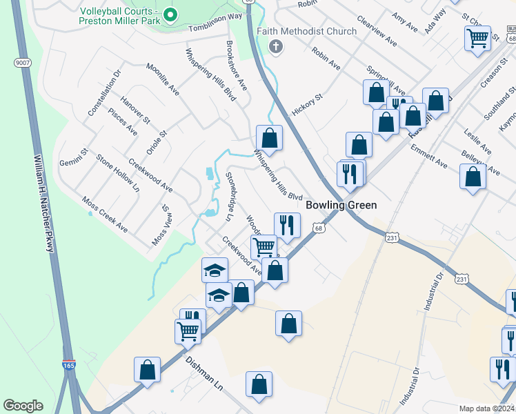 map of restaurants, bars, coffee shops, grocery stores, and more near 125 Hillridge Court in Bowling Green